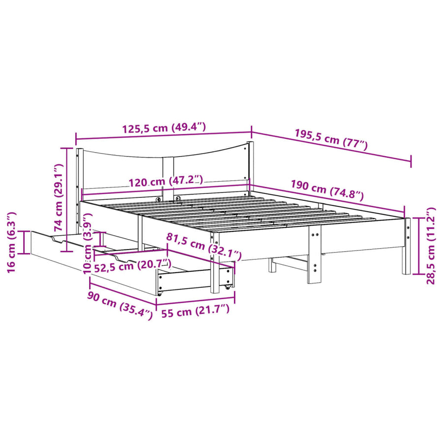 Bedframe met lades massief grenenhout wit 120x190 cm