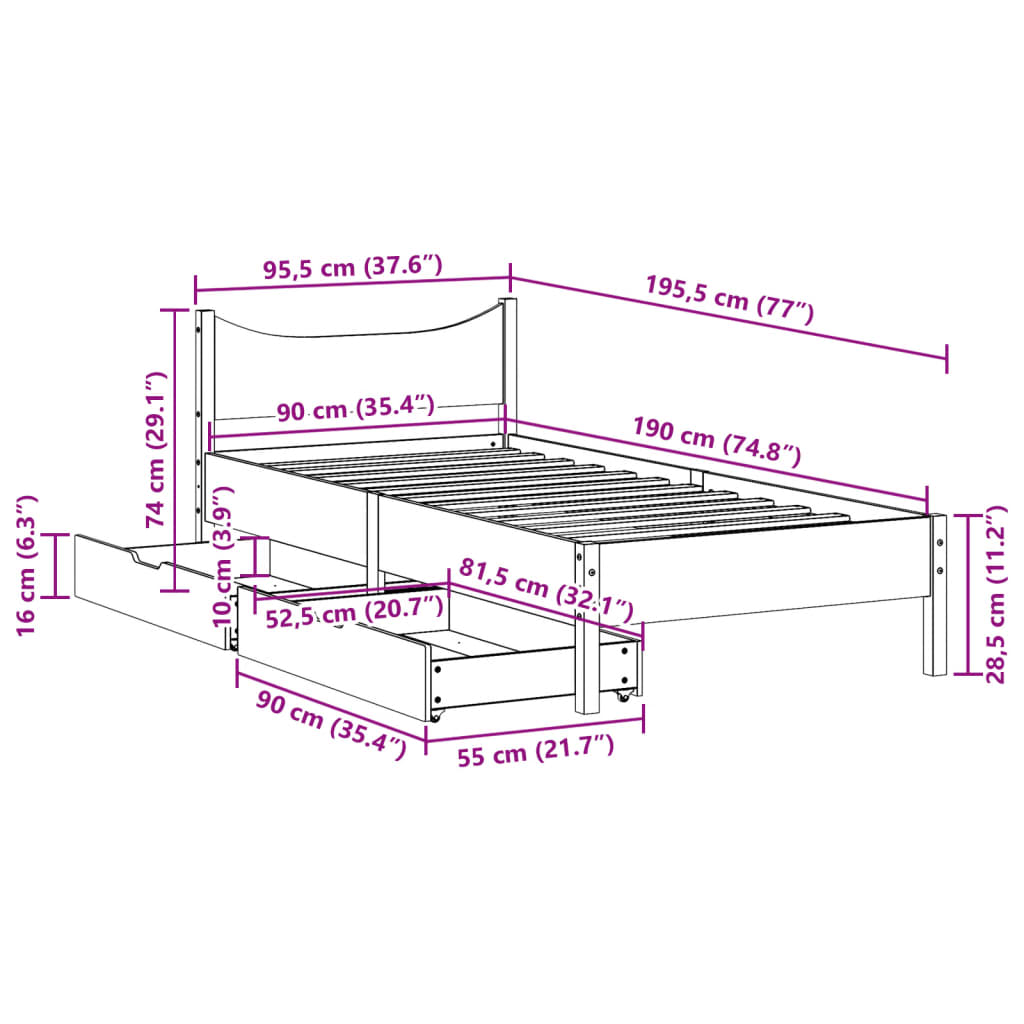 Bedframe met lades massief grenenhout wasbruin 90x190 cm