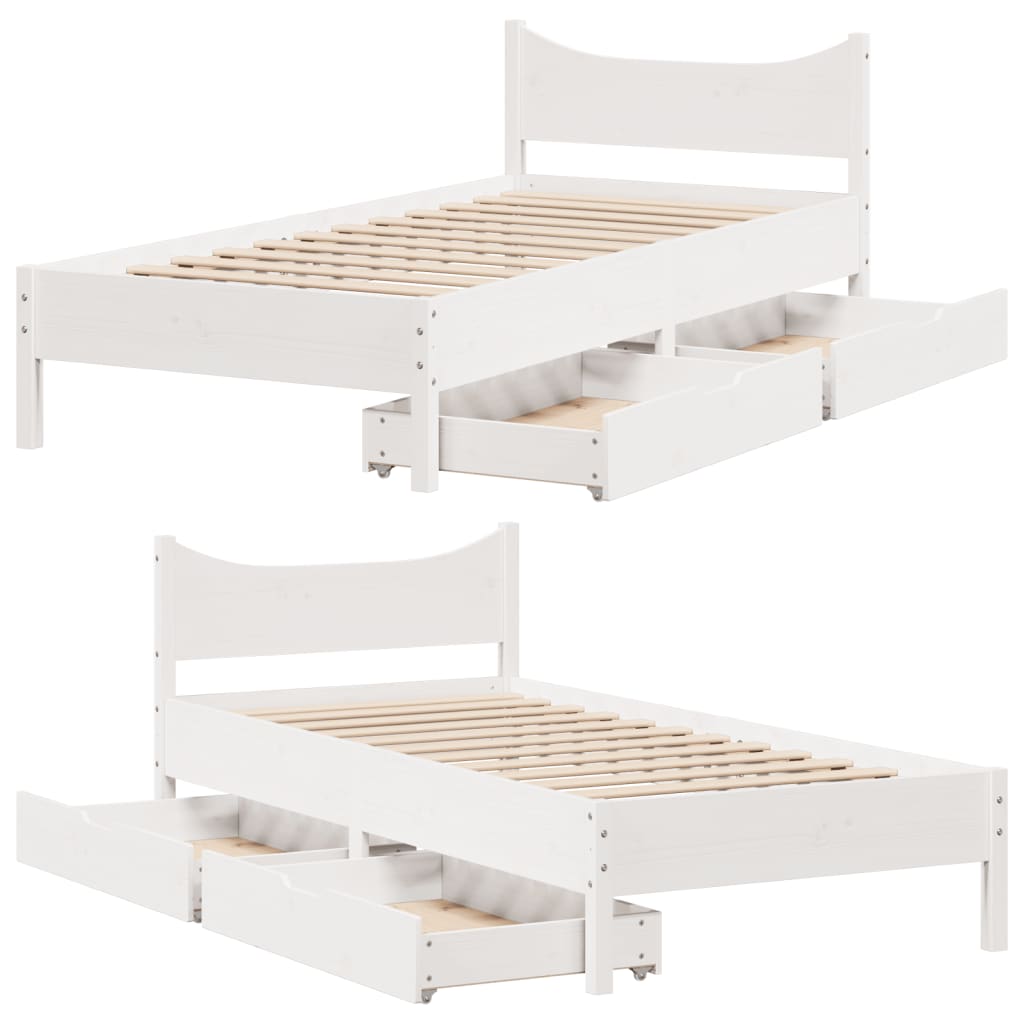 Bedframe met lades massief grenenhout wit 75x190 cm