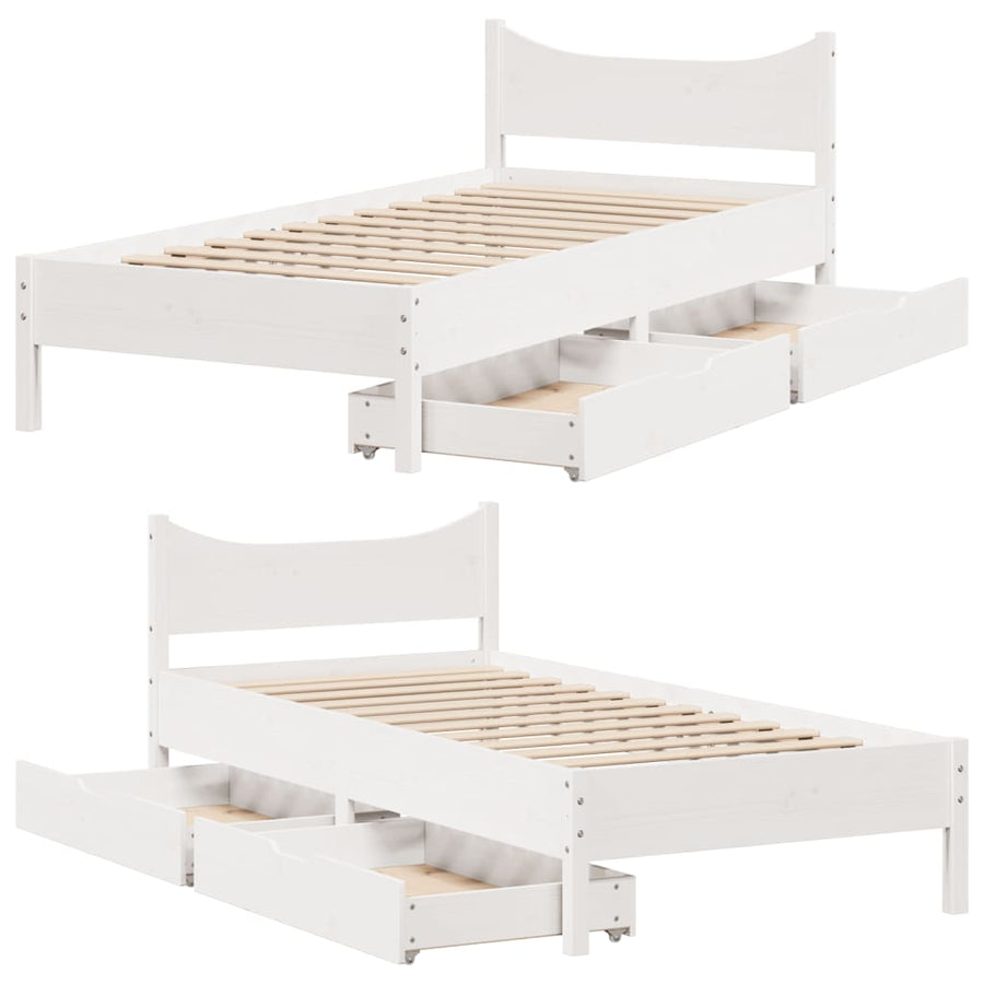Bedframe met lades massief grenenhout wit 75x190 cm