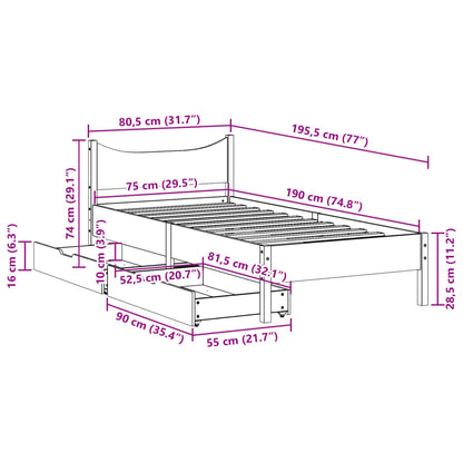 Bedframe met lades massief grenenhout wit 75x190 cm