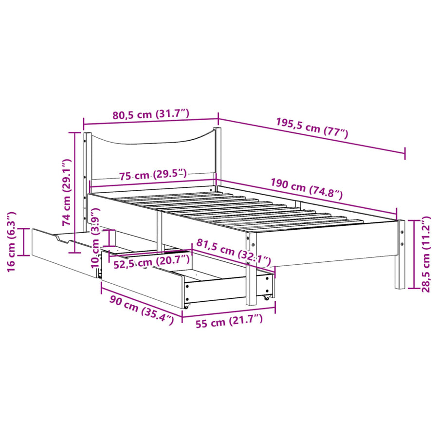 Bedframe met lades massief grenenhout wit 75x190 cm