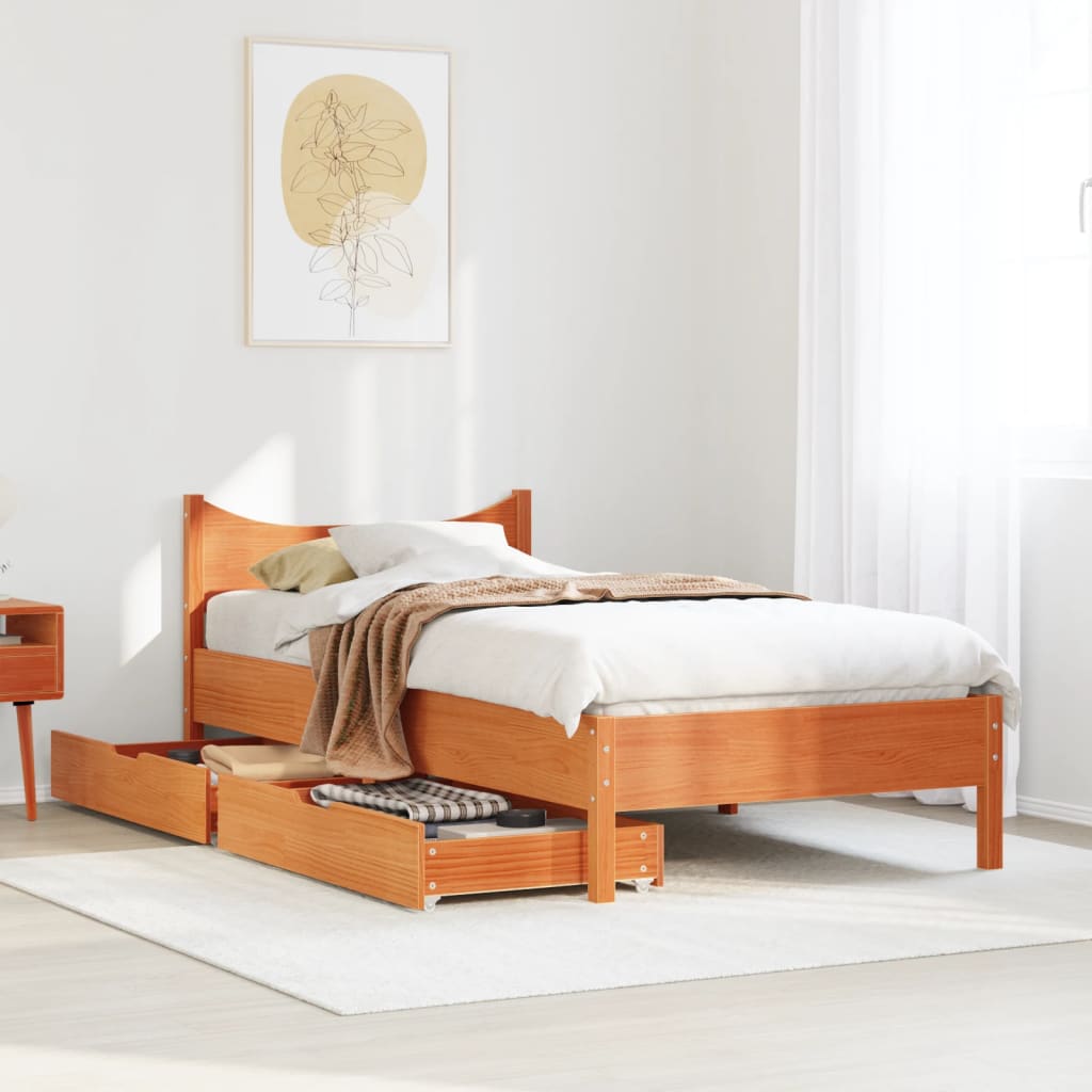 Bedframe met lades massief grenenhout wasbruin 75x190 cm