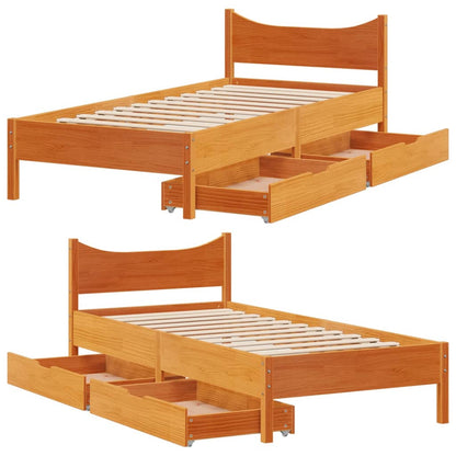 Bedframe met lades massief grenenhout wasbruin 75x190 cm