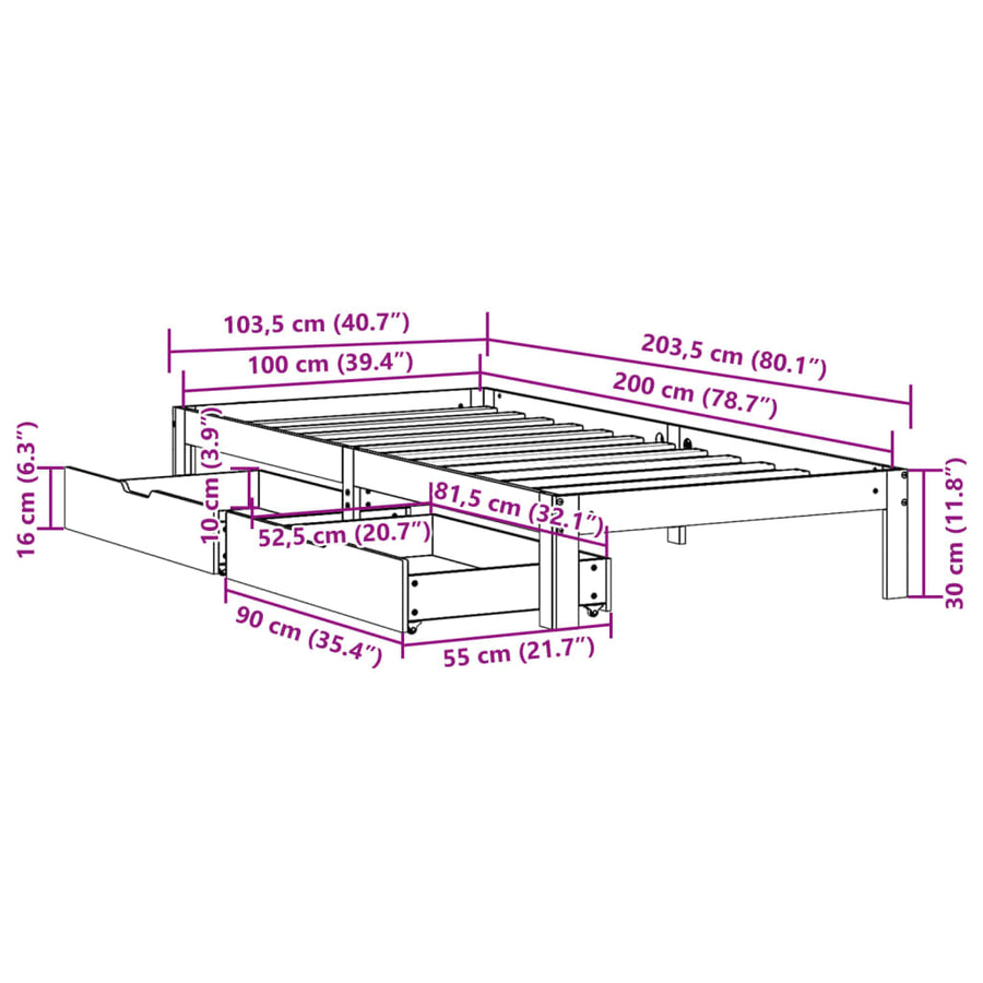 Bedframe met lades massief grenenhout wit 100x200 cm