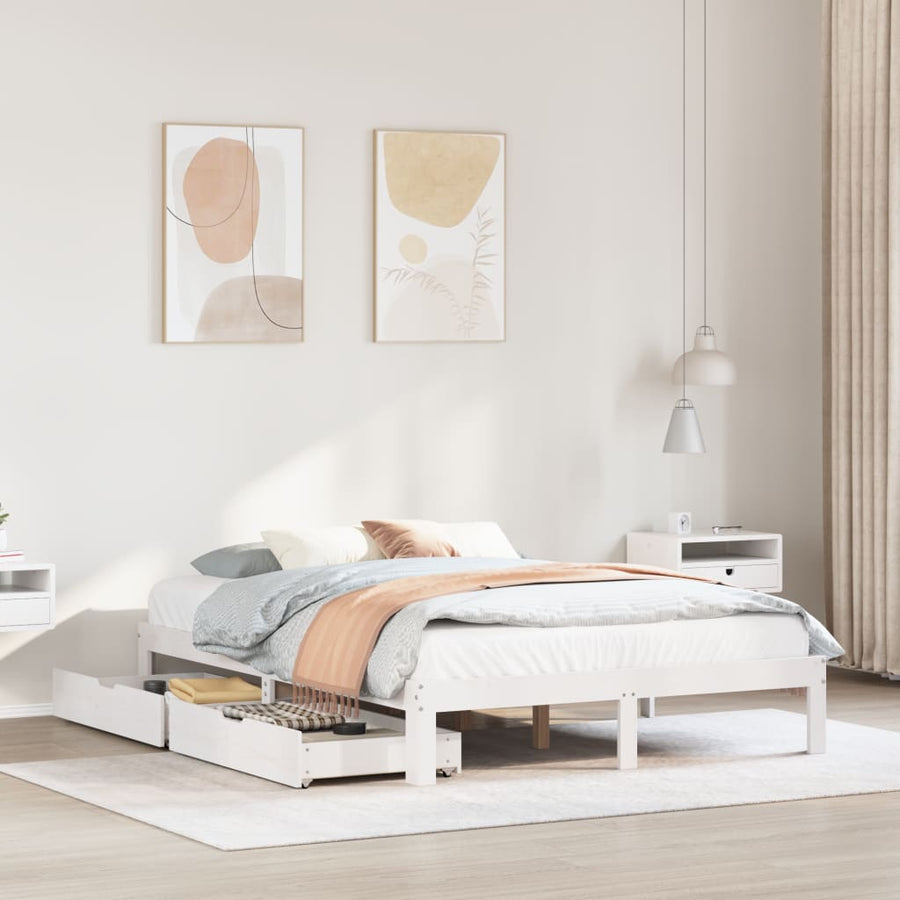 Bedframe met lades massief grenenhout wit 150x200 cm