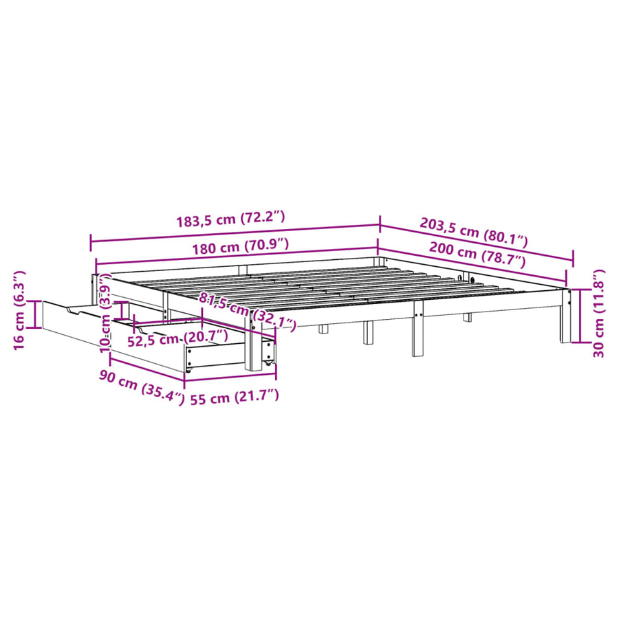 Bedframe met lades massief grenenhout wit 180x200 cm