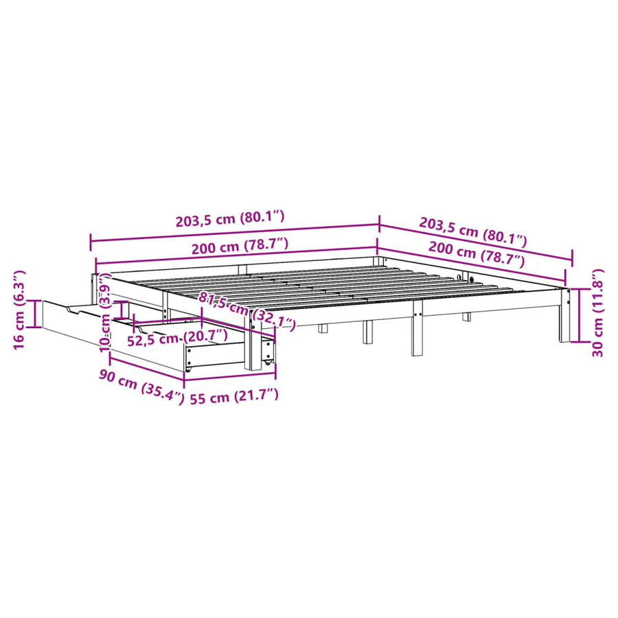Bedframe met lades massief grenenhout wit 200x200 cm