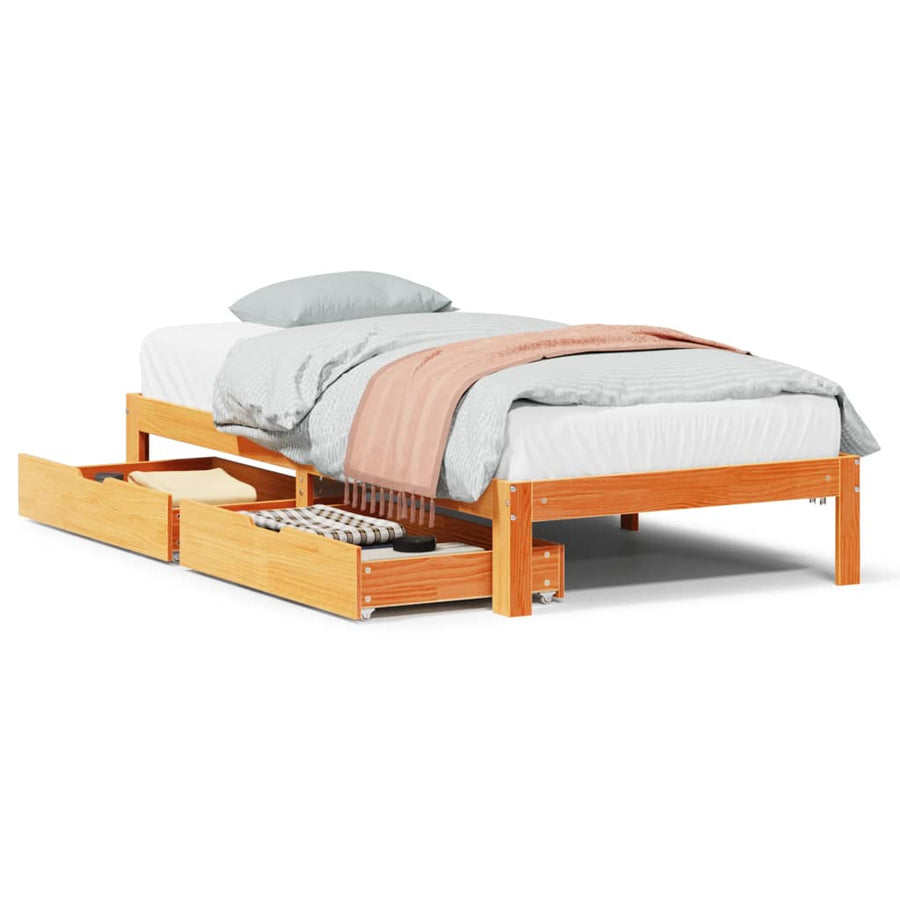 Bedframe met lades massief grenenhout wasbruin 75x190 cm