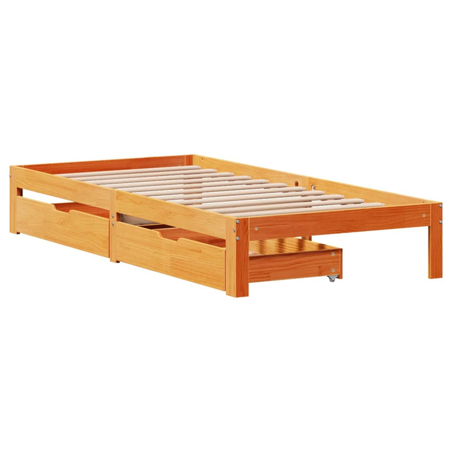Bedframe met lades massief grenenhout wasbruin 75x190 cm