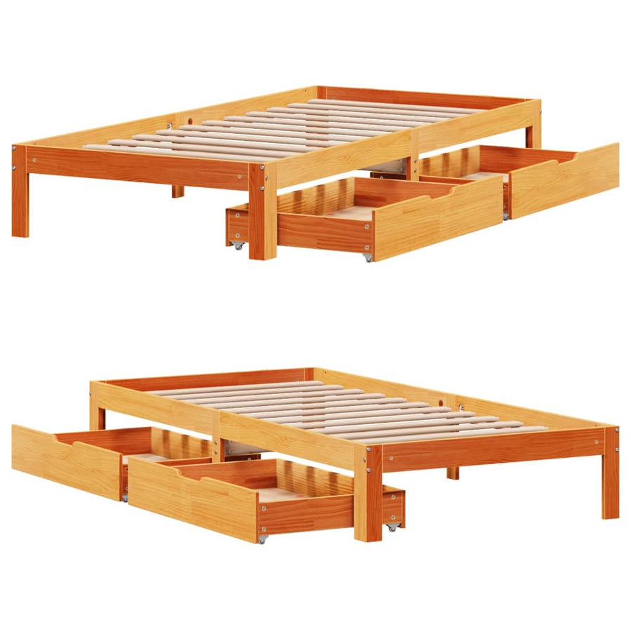 Bedframe met lades massief grenenhout wasbruin 75x190 cm