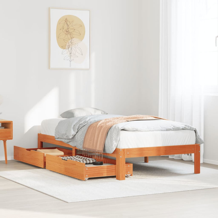 Bedframe met lades massief grenenhout wasbruin 75x190 cm