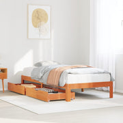 Pine wood bed frame with drawers, wash brown 90x190 cm