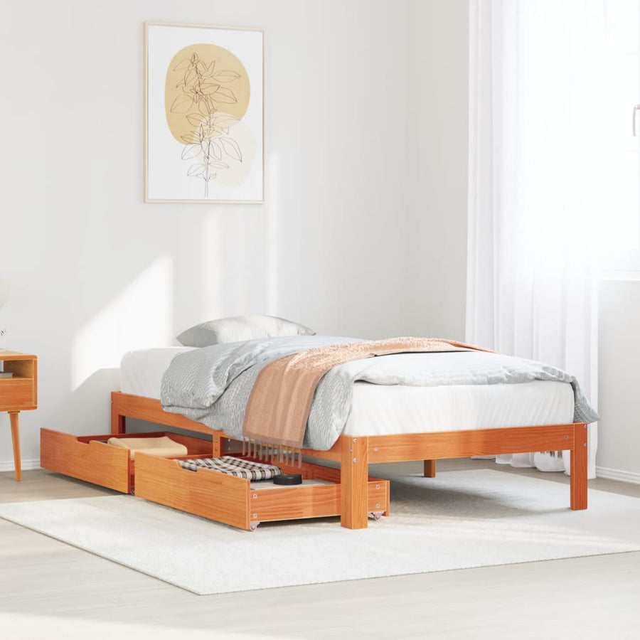 Bedframe met lades massief grenenhout wasbruin 90x190 cm