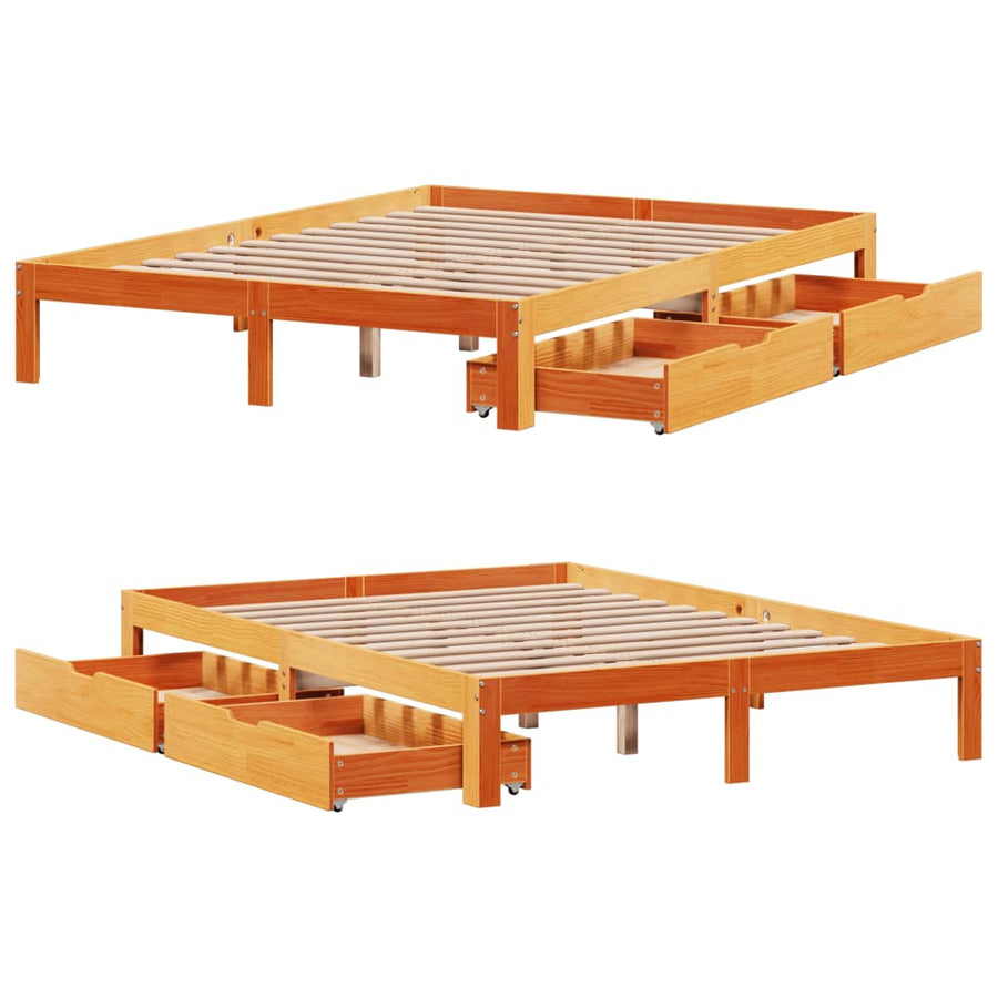 Bedframe met lades massief grenenhout wasbruin 120x190 cm