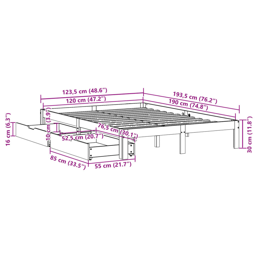 Bedframe met lades massief grenenhout wasbruin 120x190 cm