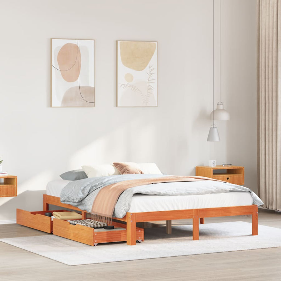 Bedframe met lades massief grenenhout wasbruin 120x190 cm