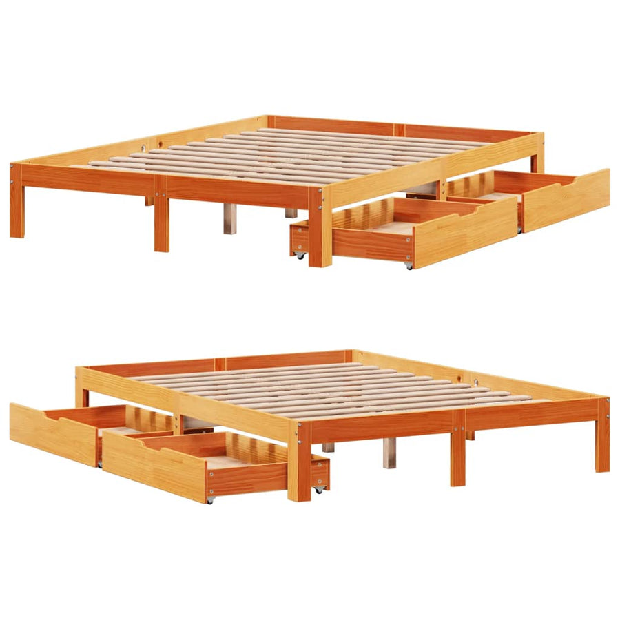 Bedframe met lades massief grenenhout wasbruin 140x190 cm