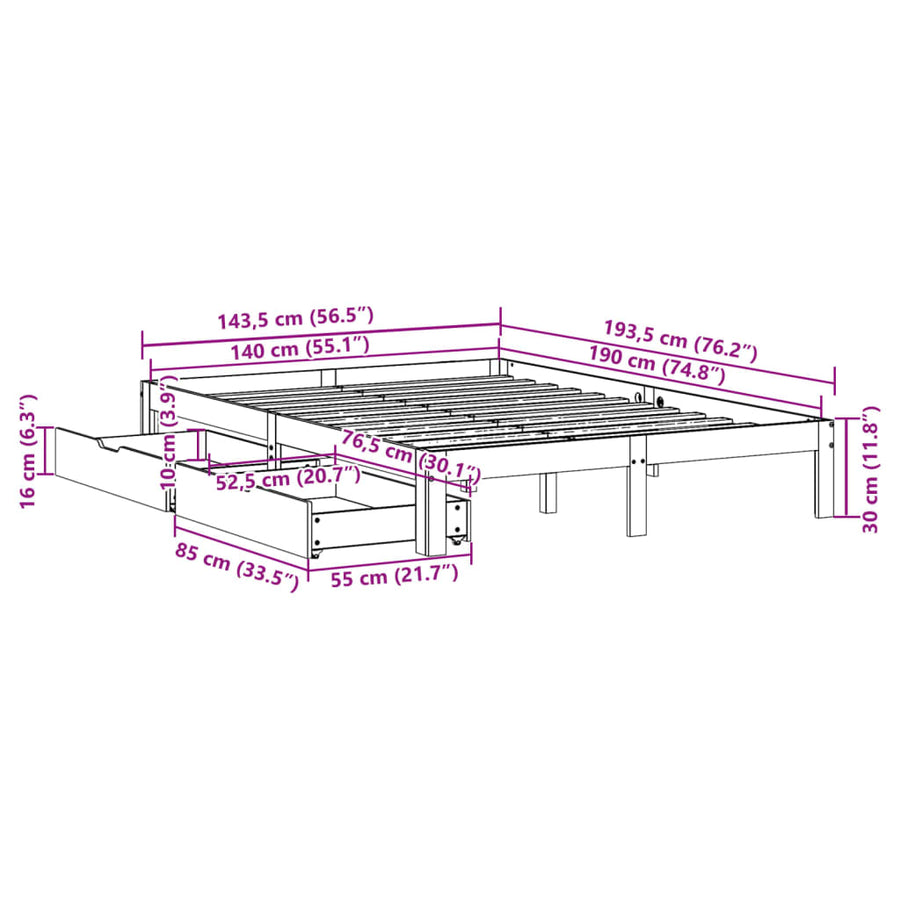 Bedframe met lades massief grenenhout wasbruin 140x190 cm