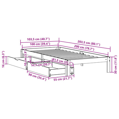Bedframe met lades massief grenenhout wasbruin 100x200 cm