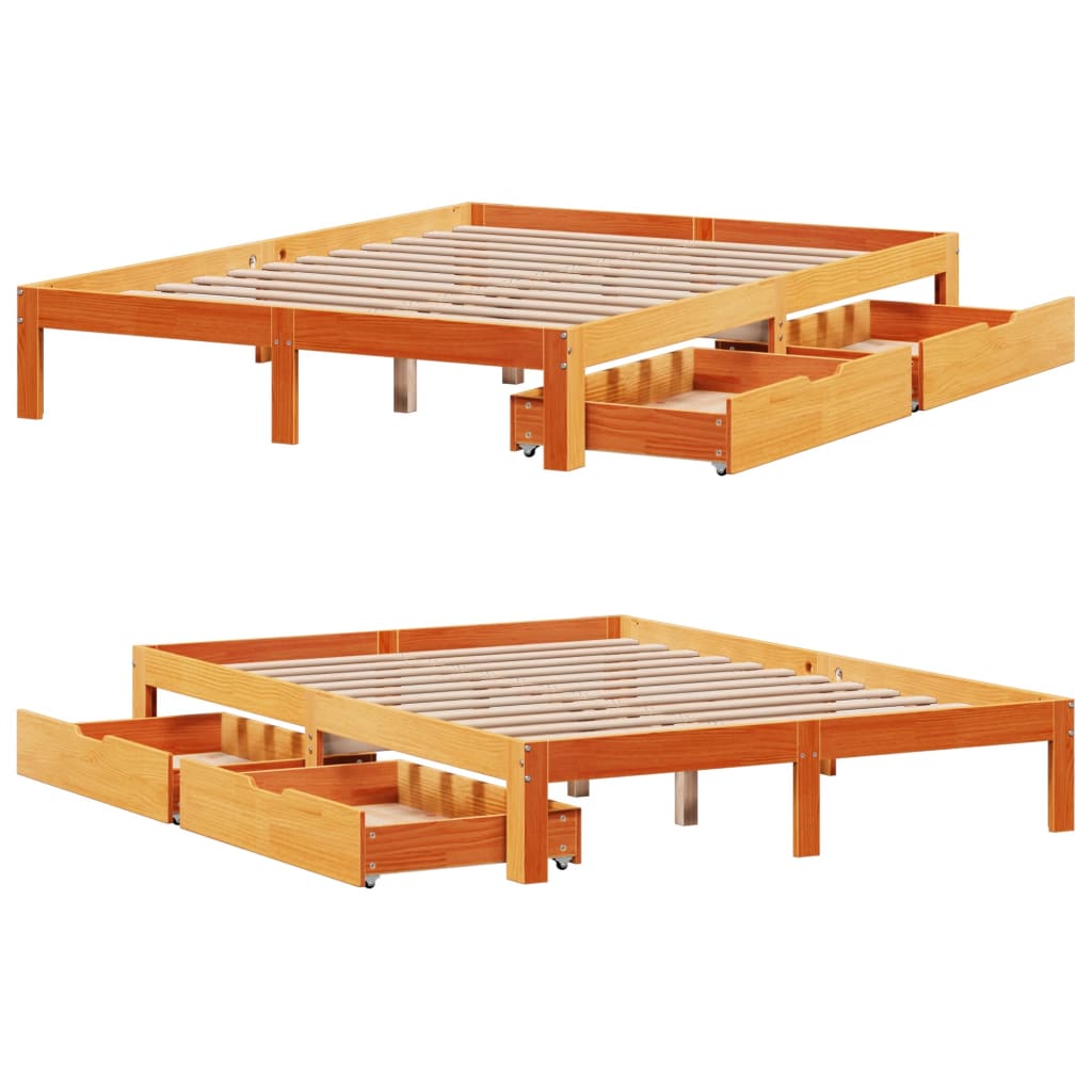Bedframe met lades massief grenenhout wasbruin 140x200 cm