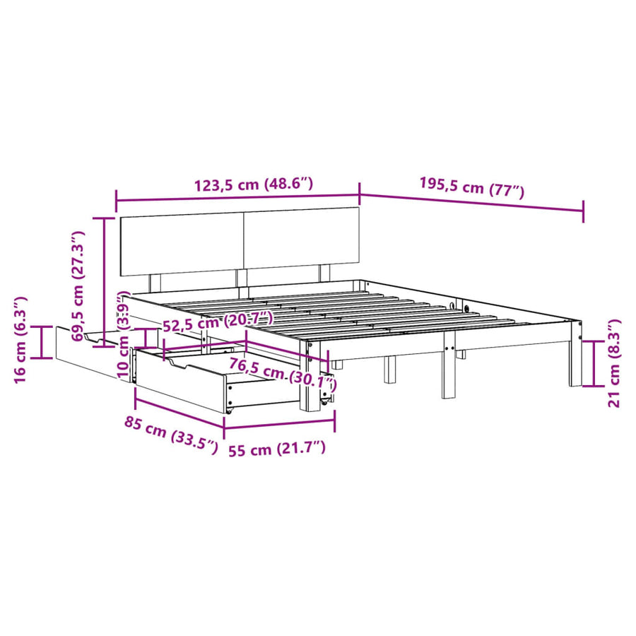 Bedframe met lades massief grenenhout wit 120x190 cm