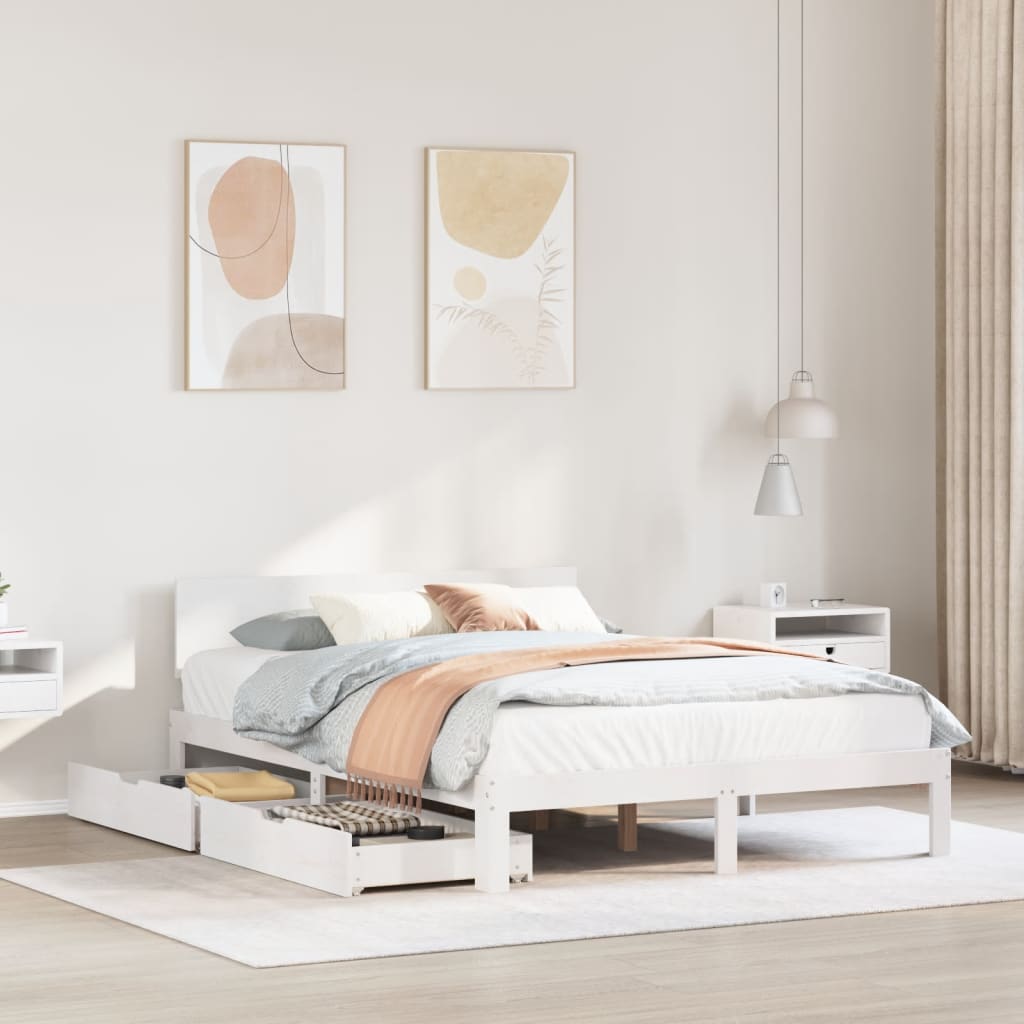 Bedframe met lades massief grenenhout wit 135x190 cm