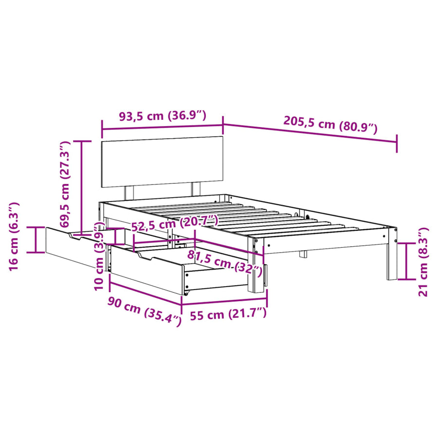 Bedframe met lades massief grenenhout wit 90x200 cm
