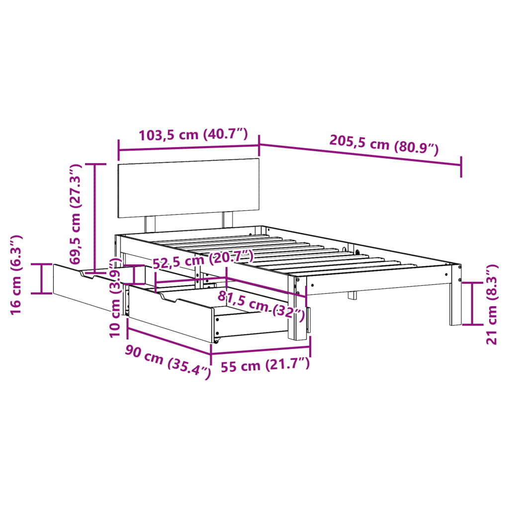 Bedframe met lades 100x200 cm massief grenenhout