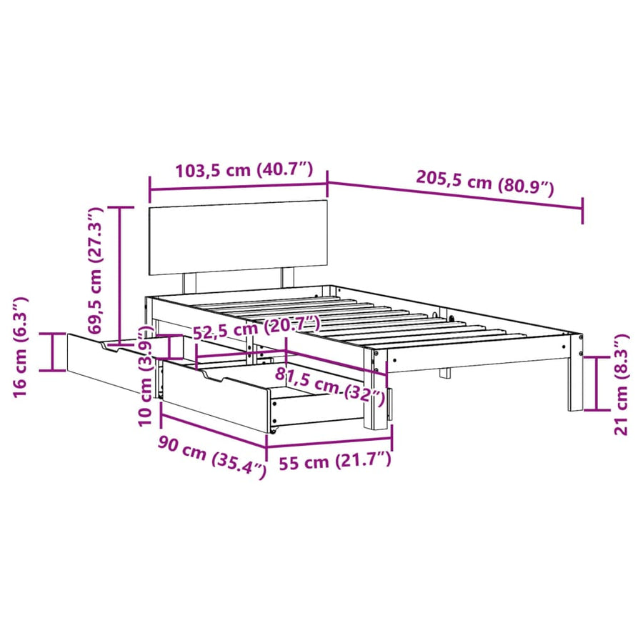Bedframe met lades massief grenenhout wit 100x200 cm
