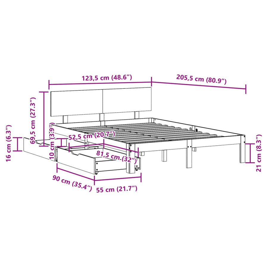 Bedframe met lades massief grenenhout wit 120x200 cm