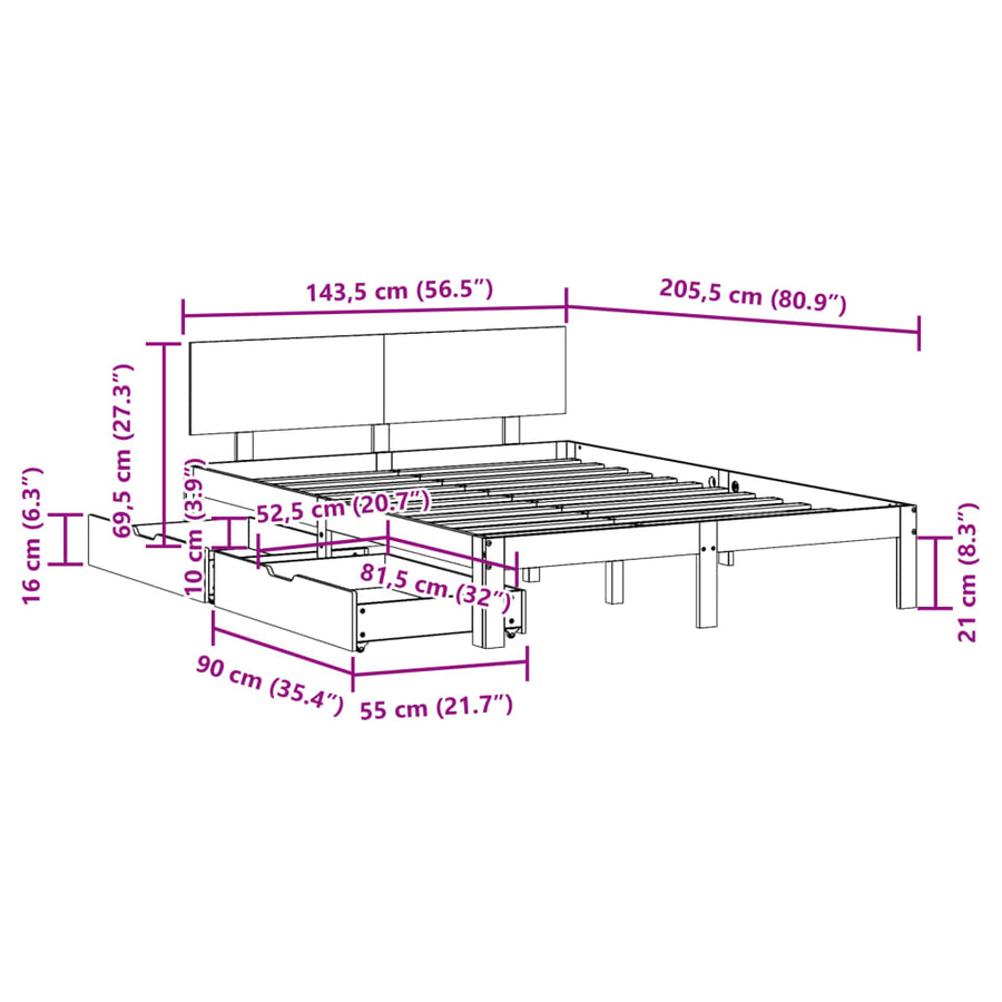 Bedframe met lades massief grenenhout wit 140x200 cm