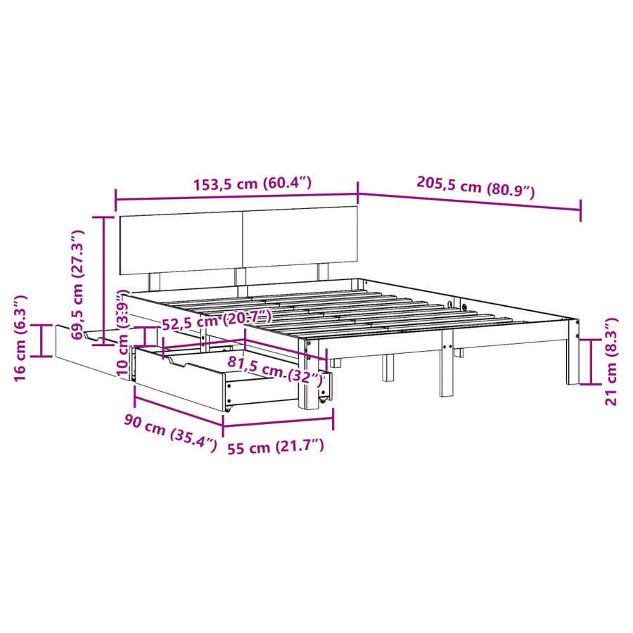 Bedframe met lades massief grenenhout wit 150x200 cm
