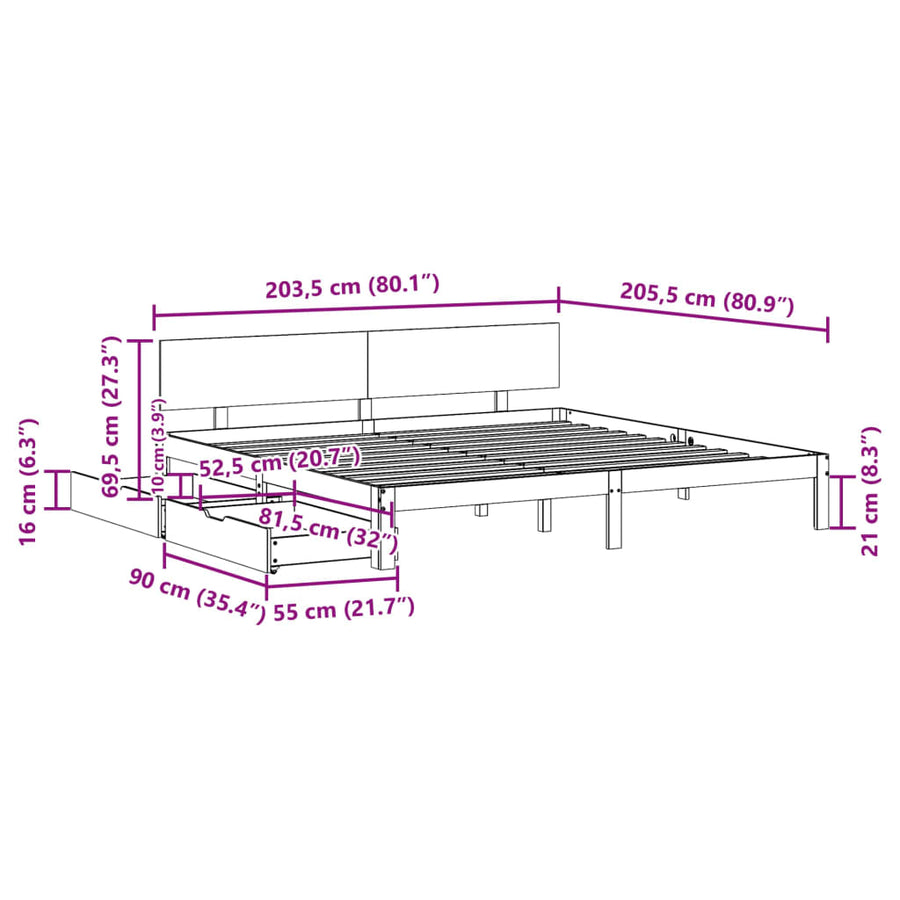 Bedframe met lades massief grenenhout wit 200x200 cm