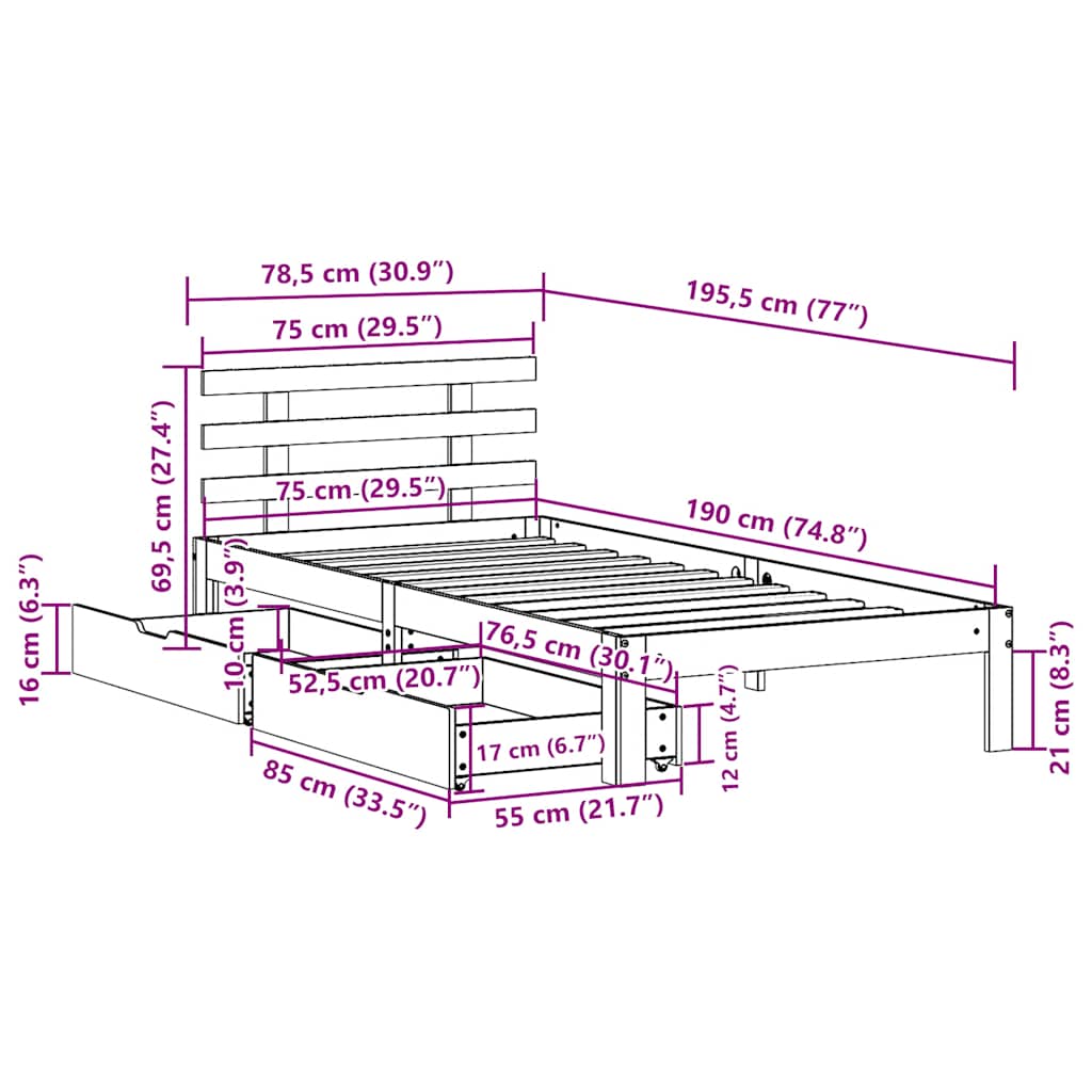 Bedframe met lades massief grenenhout 75x190 cm