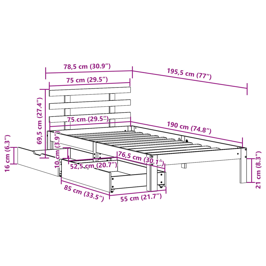Bedframe met lades massief grenenhout wit 75x190 cm