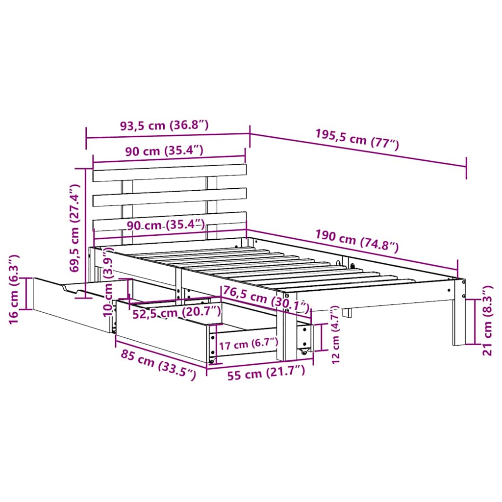 Bedframe met lades massief grenenhout 90x190 cm
