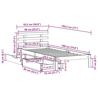 Bedframe met lades massief grenenhout 90x190 cm