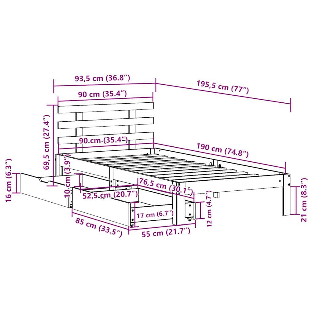 Bedframe Met Lades Massief Grenenhout 90 x 190 cm Wit