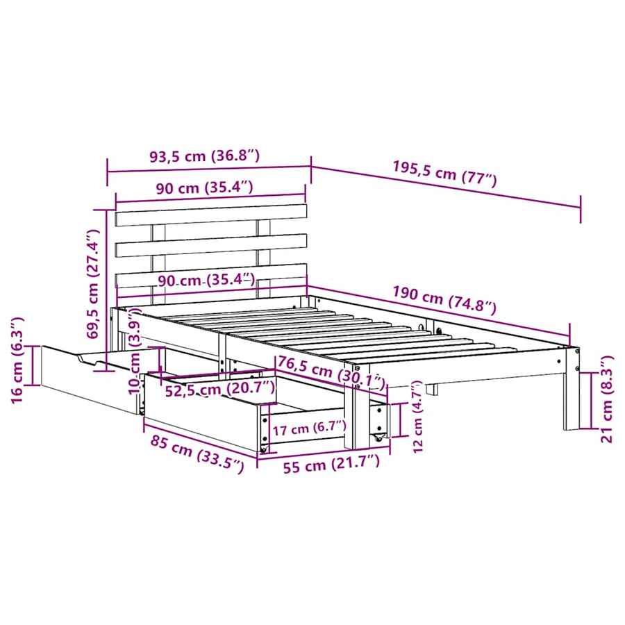 Bedframe Met Lades Massief Grenenhout 90 x 190 cm Wit