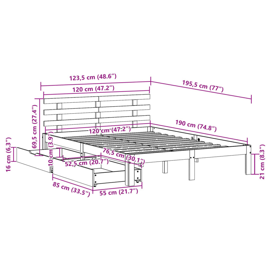 Bedframe met lades massief grenenhout wit 120x190 cm