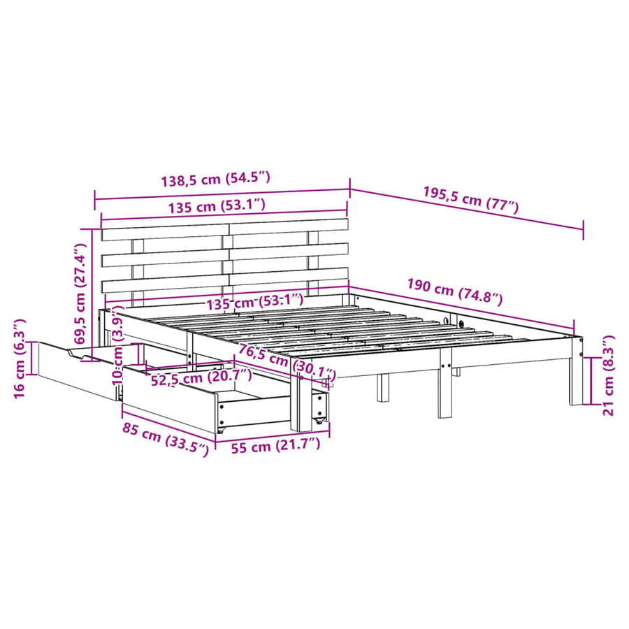 Bedframe met lades massief grenenhout wit 135x190 cm
