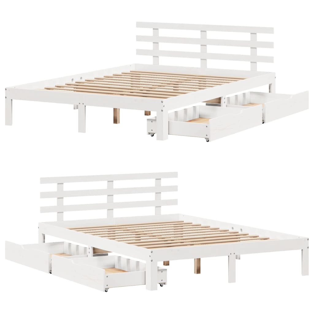 Bedframe met lades massief grenenhout wit 140x190 cm