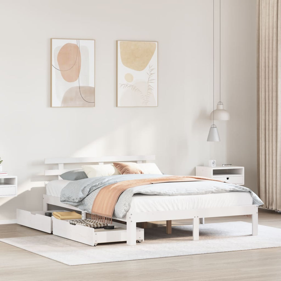 Bedframe met lades massief grenenhout wit 140x190 cm