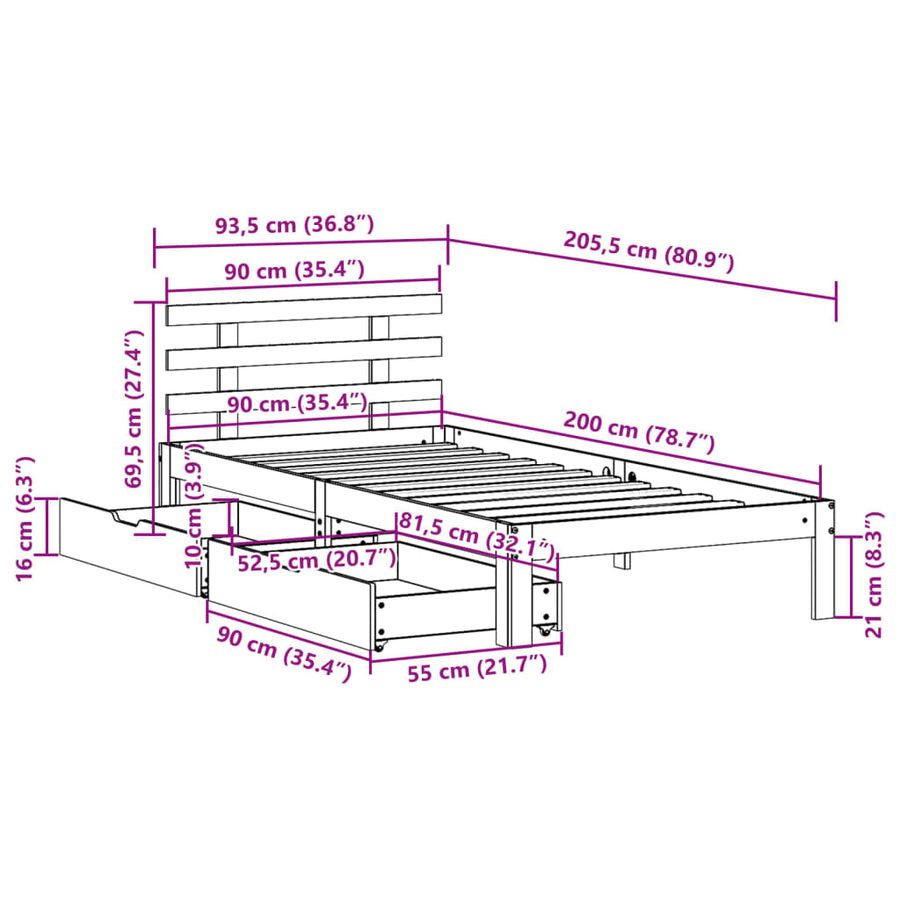 Bedframe met lades massief grenenhout wit 90x200 cm