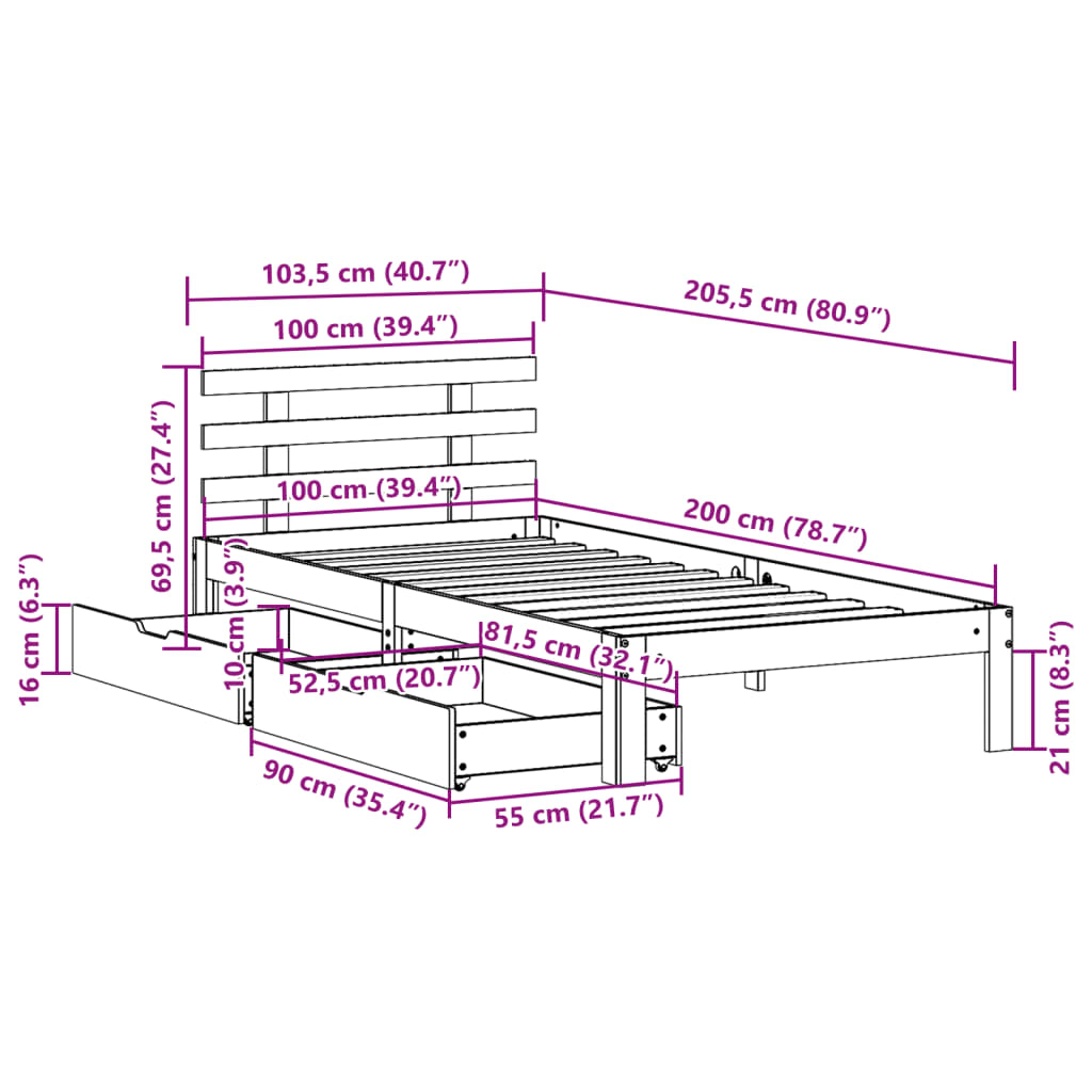 Bedframe met lades 100x200 cm massief grenenhout