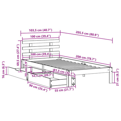 Bedframe met lades massief grenenhout wit 100x200 cm