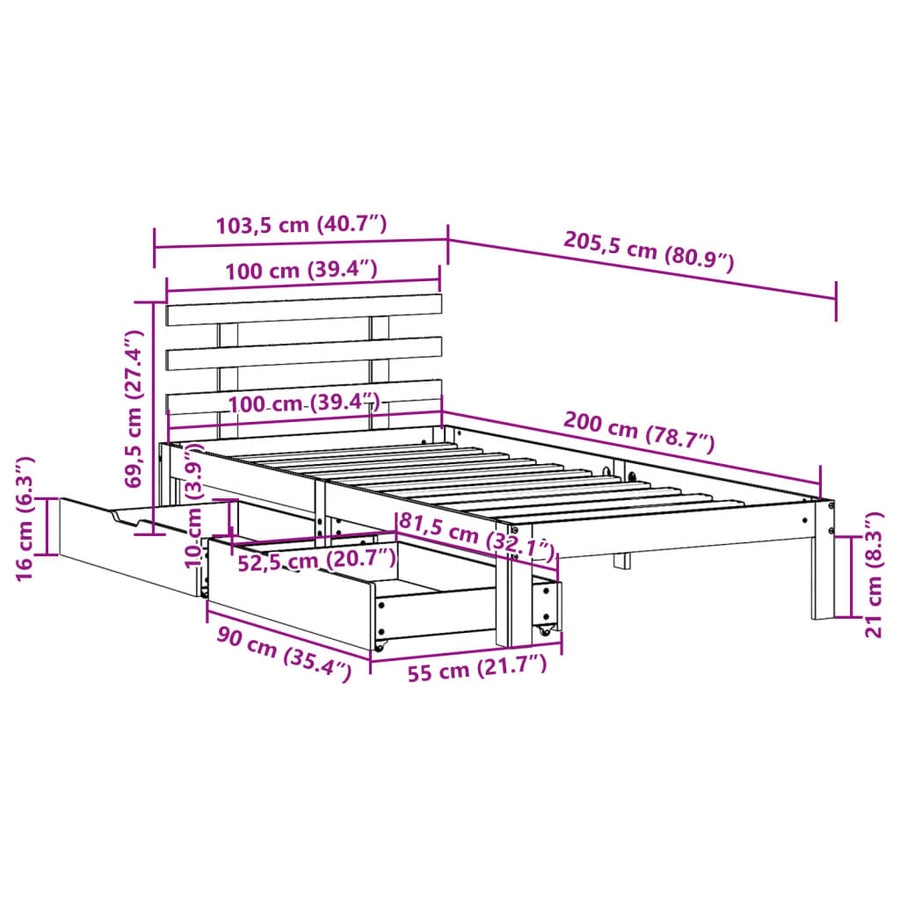 Bedframe met lades massief grenenhout wit 100x200 cm