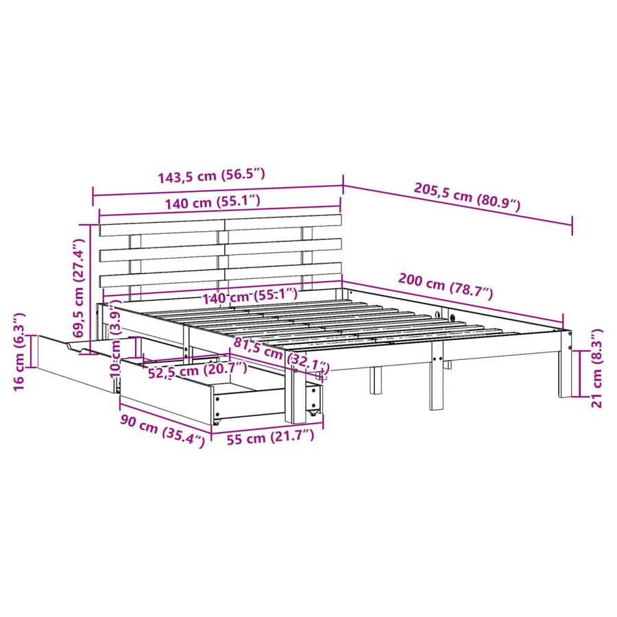 Bedframe met lades massief grenenhout 140x200 cm