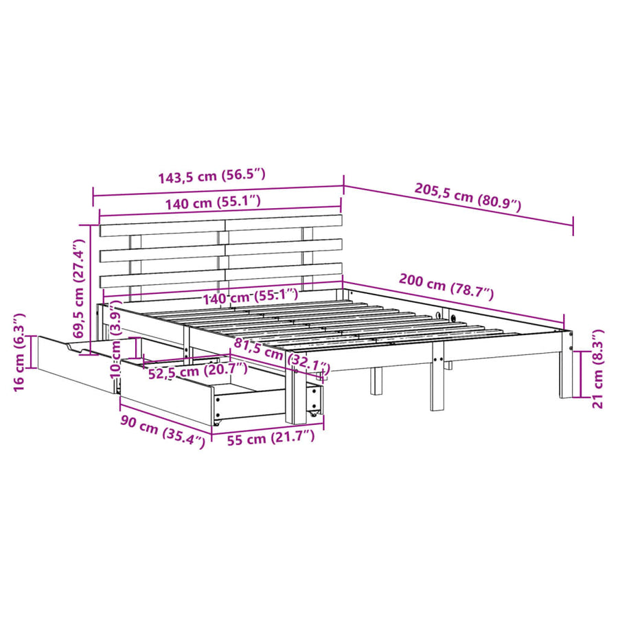 Bedframe met lades massief grenenhout wit 140x200 cm